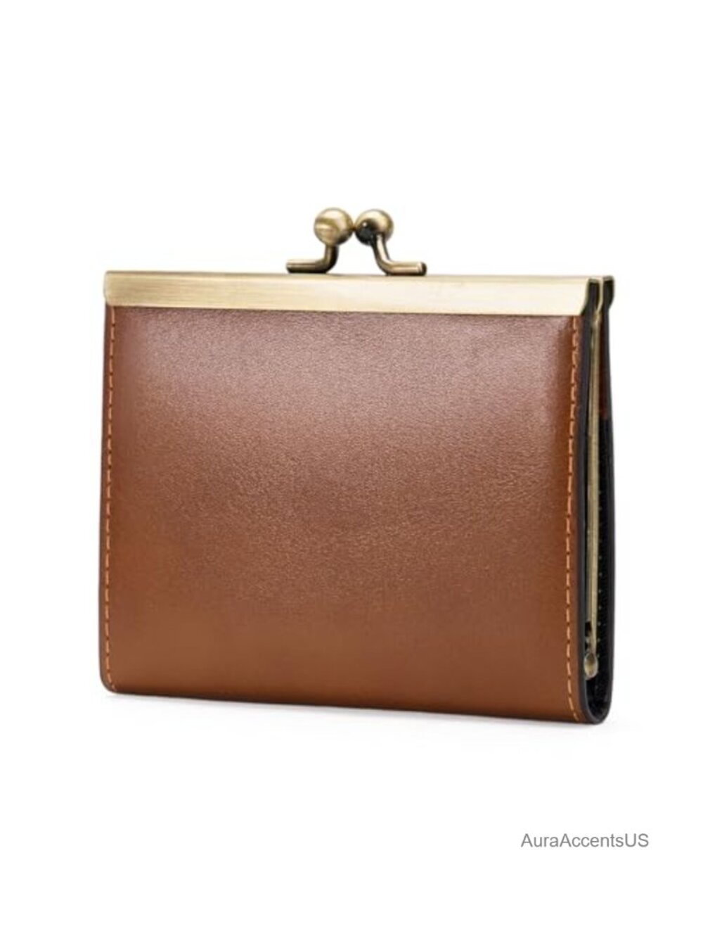 Genuine Leather Vintage Kiss Lock Card Holder Wallet for Women Bifold Compact